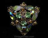 1950s Juliana Brooch - Peridot Green Rhinestones & Givre Glass Stones - 50s 60s Flashy Triangular Pin - Designer Delizza and Elster - 50553