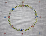 Picturesque Daisy Tablecloth - White Cotton Wild Flowers Hand Embroidered Square Table Cloth - Hand Sewn Pink Blue Green Yellow - 1940s 50s