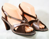 Deco Style 70s Sandals - Size 6 1/2 M - Metallic Brown & Cocoa Suede 1970s Shoes - Deadstock - Peep Toe - Slingback - Hush Puppies - 43220-3