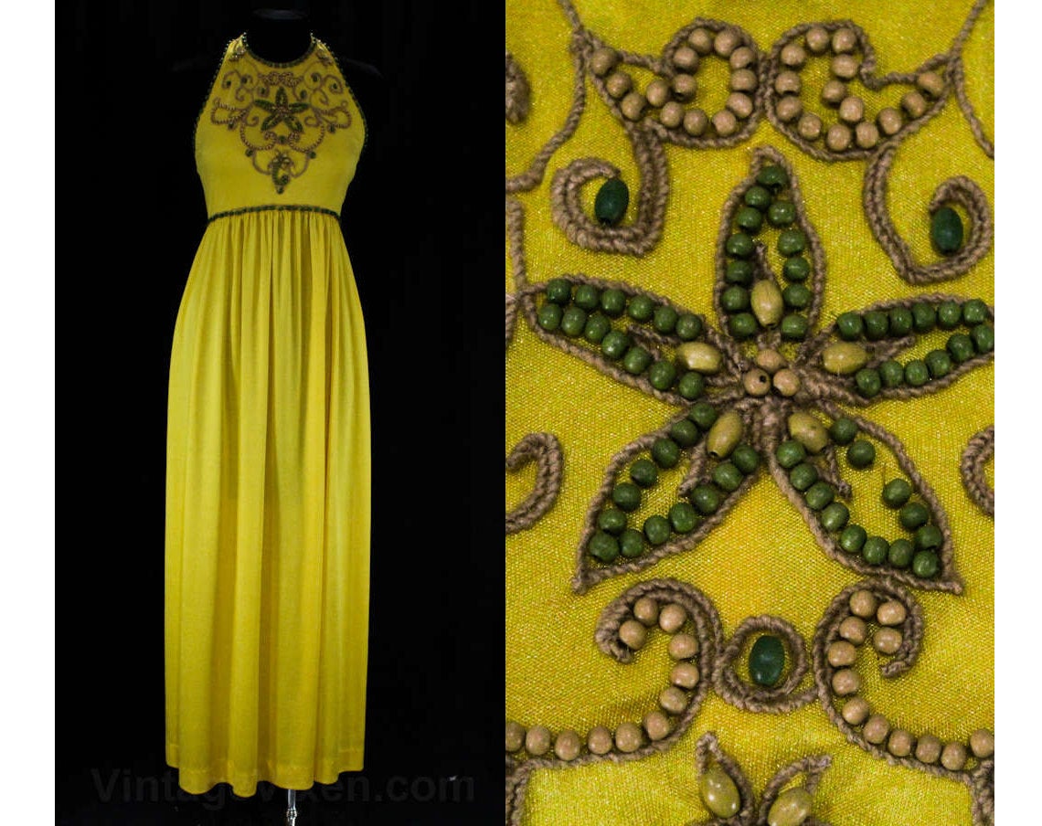 Size 4 Halter Dress - Sexy 70s Yellow Jersey Summery Gown - Small