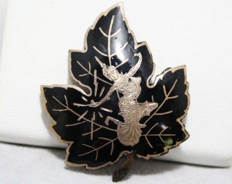 1940s Thai Niello Leaf Pin - Siamese Dancer - Sterling Silver 40s Brooch - Black Enamel - Asian - Eastern - Exotic - WWII Era - 44393