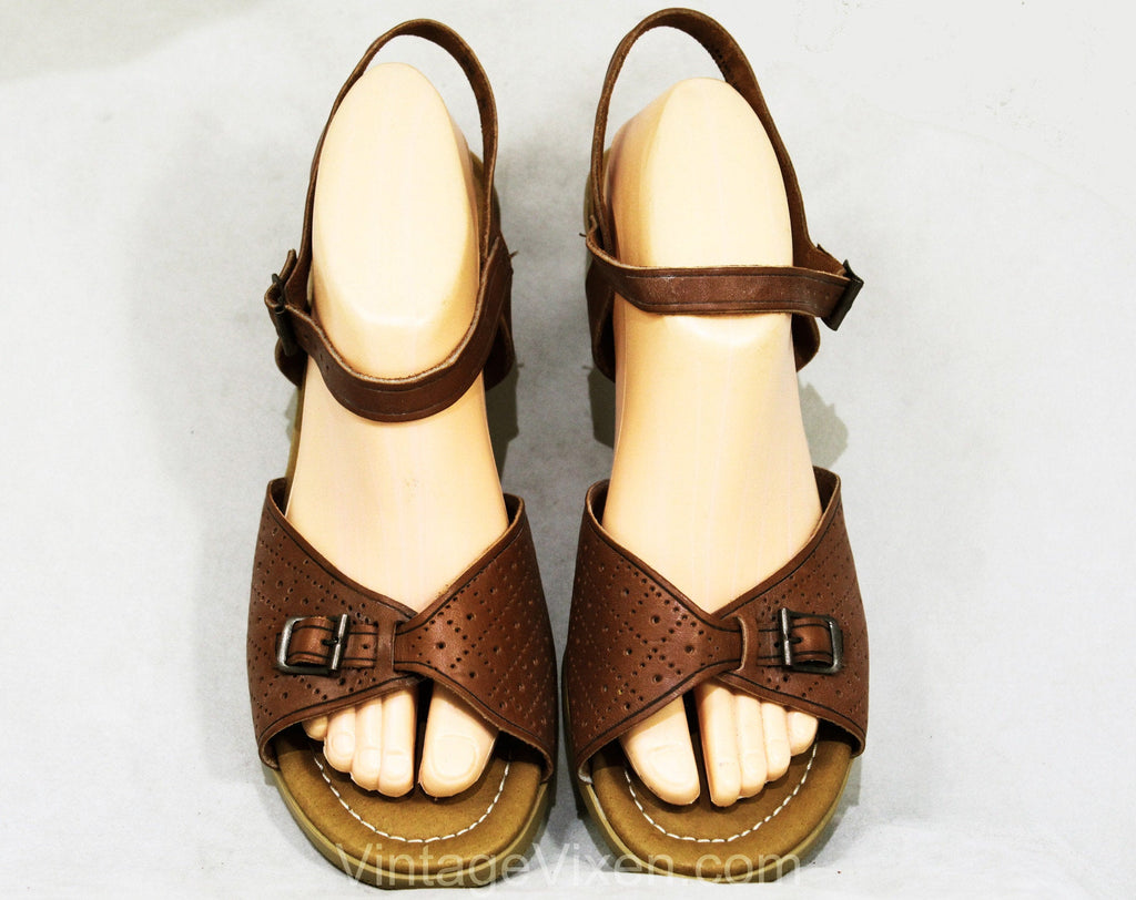 Size 10 Unworn Brown Leather Sandals - 1970s 80s Softspots