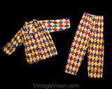 Boy's Size 8 Flannel Pajama Set - 1960s Child's Boys 60s PJ Shirt & Pant - Burnt Orange Blue Yellow Diamond Argyle Harlequin - 60s Deadstock