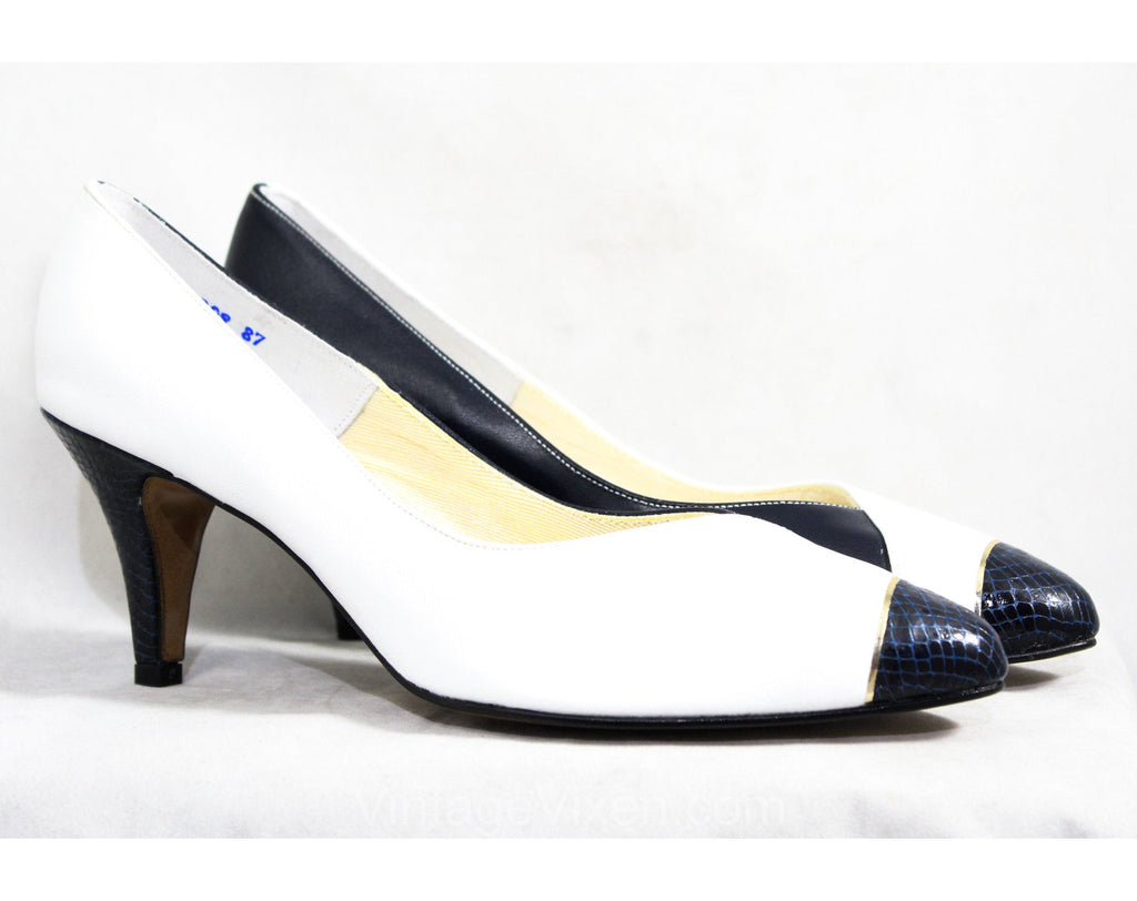 Size 10 Unworn Navy & White Leather Pumps - 1980S Dark Blue Faux Snake –  Vintage Vixen Clothing