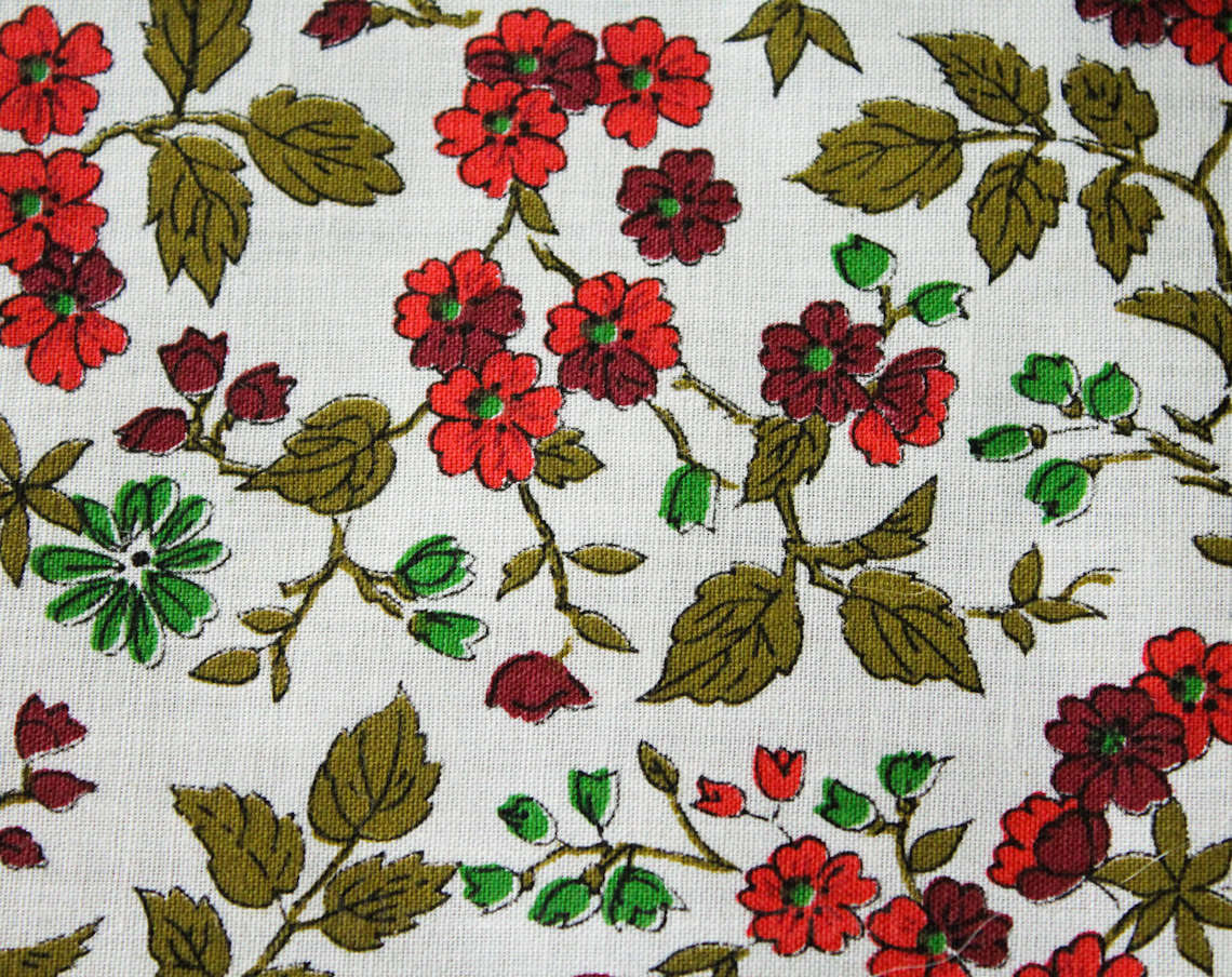 50s Floral Print Fabric - 47 x 44.5 Inches Wide - Pink Red Green