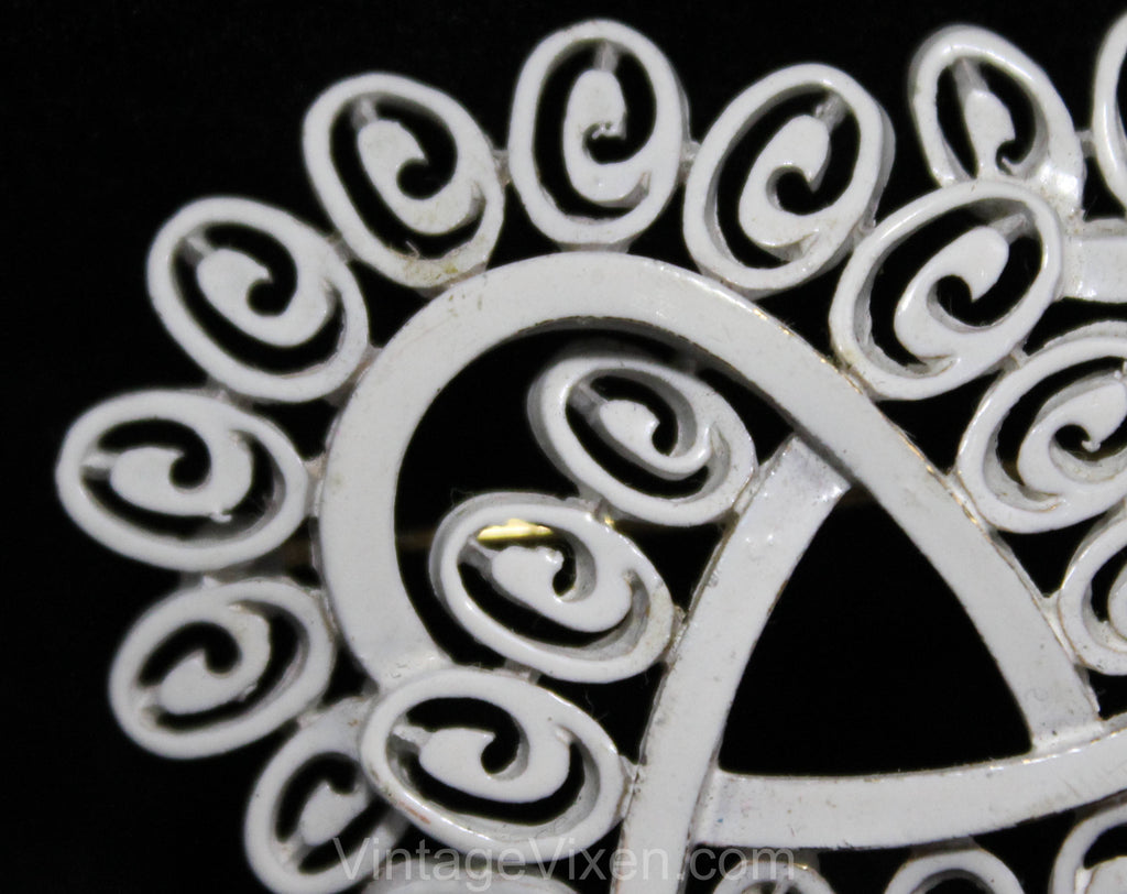 1960s Trifari Brooch - White Enamel Trifecta Curlique Abstract