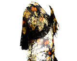 As Is Size 0 1930s Flapper Dress & Romantic Cape - Late 1920s 30s Art Deco Floral Silk Chiffon Daisy Print Gown - Orange Yellow Black White