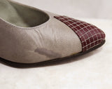 Size 6.5 Retro Heels - 40s Look Gray & Burgundy Leather Shoes - 1980s Retro Style - 1940s Inspired Shoe - Lattice Stitching - 6 1/2 M