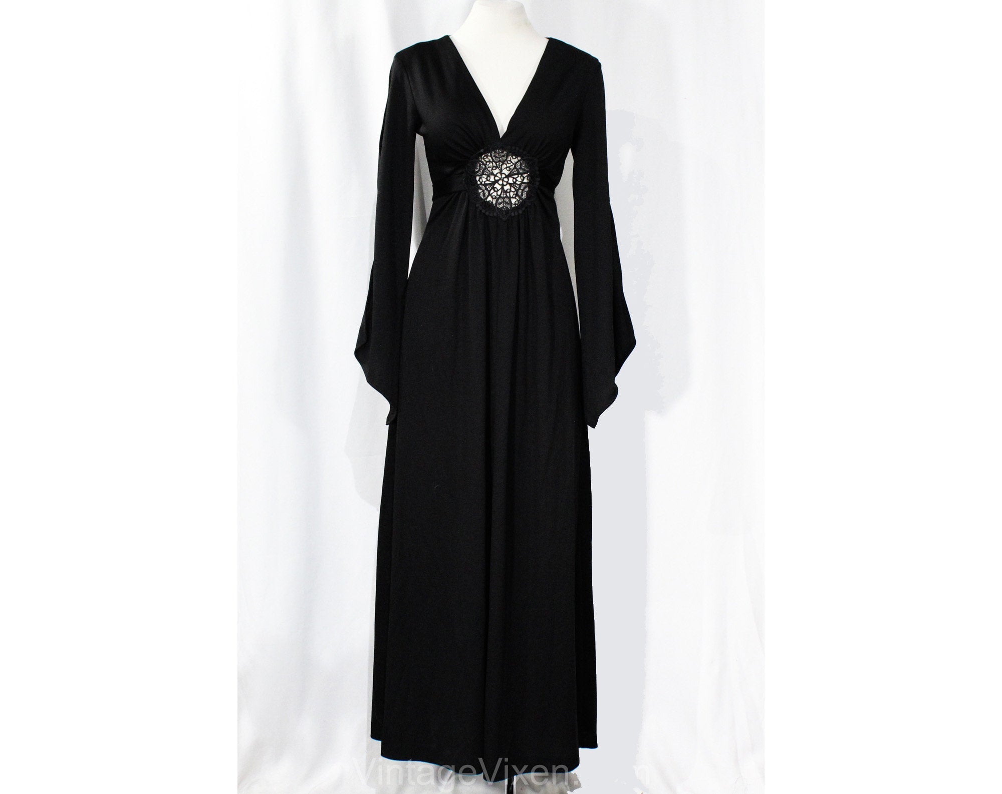 Size 6 Hippie Black Dress - Bohemian 70s Polyester Knit with Peek