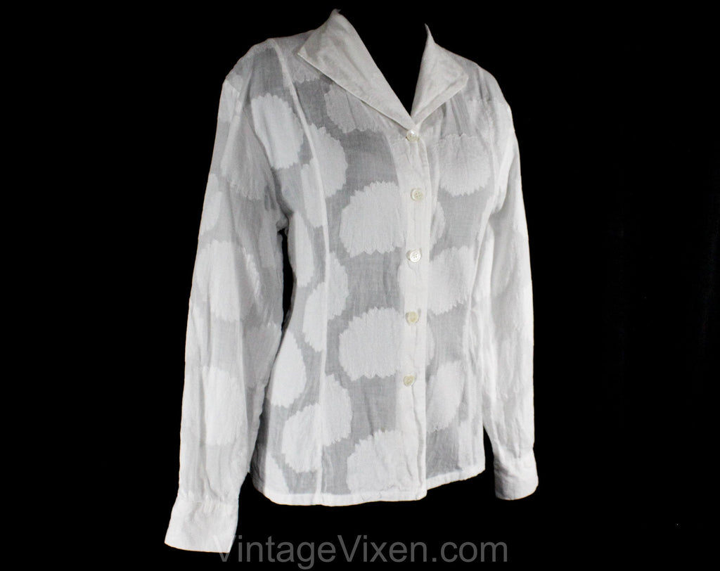 Size 14 Christian Dior Shirt - Fresh White Cotton Flowers Brocade