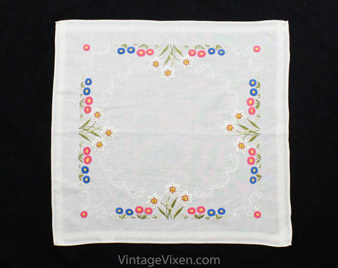 Charming Lilies Tablecloth - Day Lily & Daisy Flowers Hand Embroidered Square Linen and Cotton German Table Cloth - Pink Blue White Yellow