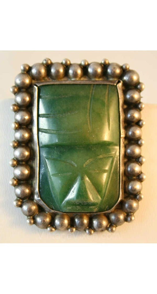 Carved 2024 Jade brooch mask Mexico Jade pin carved mask pin Green Vintage sterling s