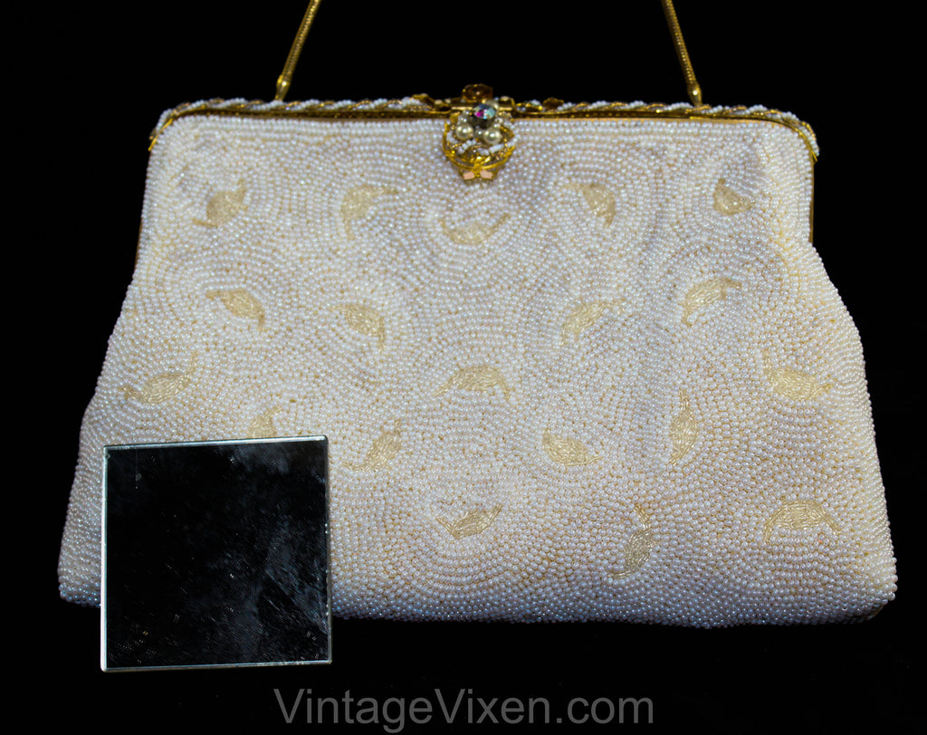 French Evening Bag - White Beaded Formal Purse with Pastel Enamel Flow –  Vintage Vixen Clothing
