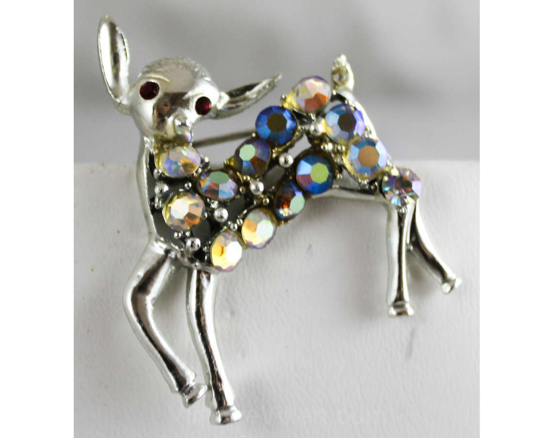 1950s Deer Pin - Rhinestone Brooch with Red Eyes - 50s 60s Novelty
