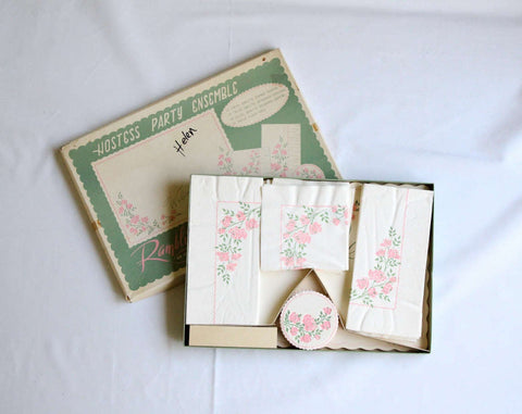 50s Hostess Set - Set of 12 Matching Paper Napkins, Place Mats, Square Napkins, Coasters - Paper Luncheon Linens - 1950s Femme Pink Roses