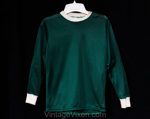 1970s Boys Football Jersey - Size 8 to 10 Boy's 70s Long Sleeved Sports Shirt - See Through Forest Green Athletic Knit Deadstock - Chest 28