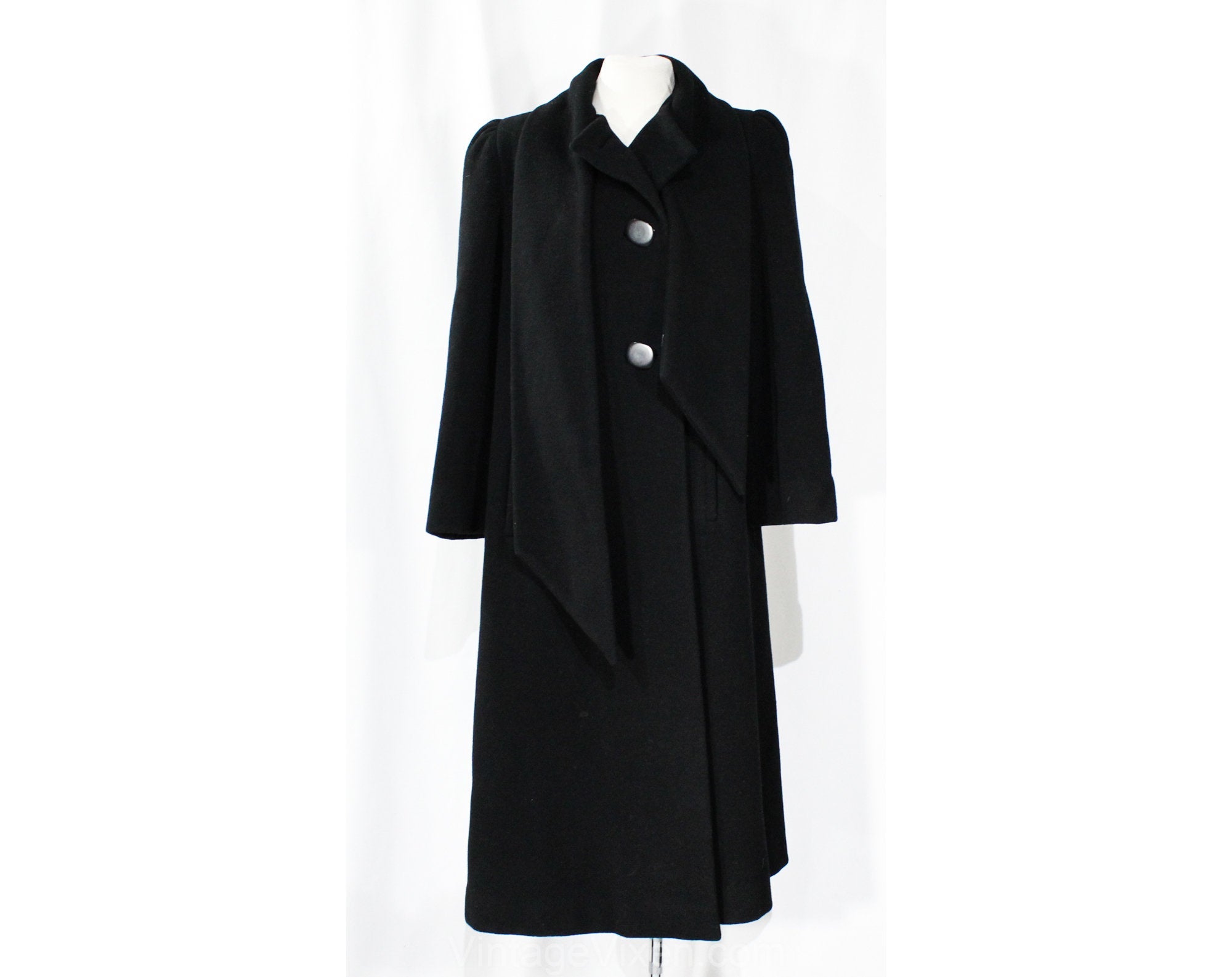 Size 10 Black Winter Coat - Designer 80s Overcoat by Pauline