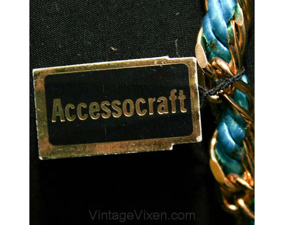 60s Turquoise Belt - Beautiful Teal Blue Cord Gold Chain Belt - Any Size -  Summer Woven & Brass 1960s Accessocraft with Hangtag - 39388