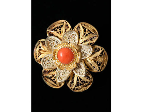 Airy 10KT Gold & Silver Filigree Pin with Carnelian Detail - Made In Italy - 50s Brooch - Spring - Orange - Italian - Deadstock - 40130-1