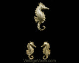 1950s Seahorse Pin - Sea Horse Brooch & Earrings - Gold Hue Metal - Aquatic Ocean Novelty Animal Theme - 50s 60s Goldtone - 50585