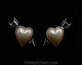 50s Sweetheart Earrings - Hearts & Arrows - Puffy Cream Hearts with Gold Hue Metal - Cupid's Arrow Valentine's Day Plastic Heart - 50496