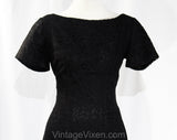 Size 8 1950s Dress - Audrey Style 50s 60s Black Lace Sheath - Fitted Hourglass with Blouson Back Detail - Chic Short Sleeve - Waist 28