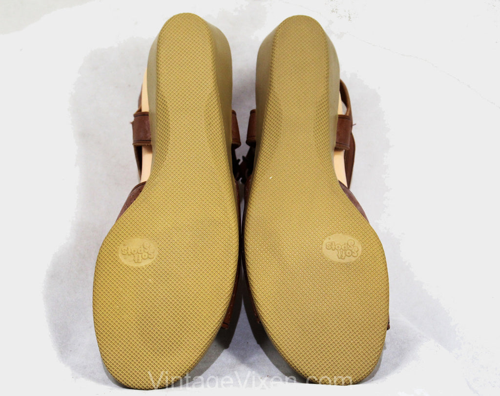 Size 10 Unworn Brown Leather Sandals - 1970s 80s Softspots