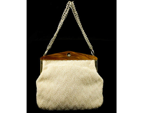 1960s White Bead-Dot Purse with Caramel Lucite Frame - 60s Candy Bead Faux Beaded Handbag - Classic Medium Size Tan Ecru Bag - Hong Kong