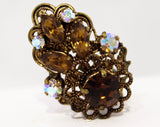 Brown Antique Style Earrings - Rich Rhinestones & Victorian Look Filigree - Amber Gold Aurora Borealis 50s Clip Ons - 1950s Western Germany