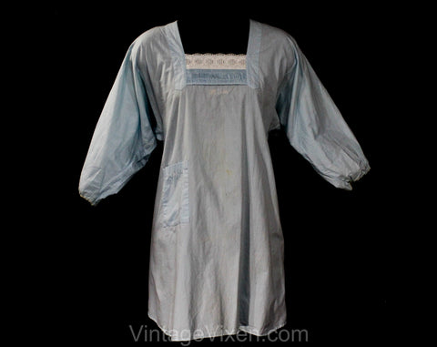 1950s Hospital Gown - New Mom Maternity Shirt - Pale Blue Cotton Top with Embroidery & Smocking - 50s Mid Century Medical Smock - Bust 30