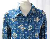 Size 14 Shirt - Wedgwood Blue Floral Rayon Blouse - Large Long Sleeved Casual 1970s Top - Folksy Rustic Print - Bust 42 - NWT Deadstock