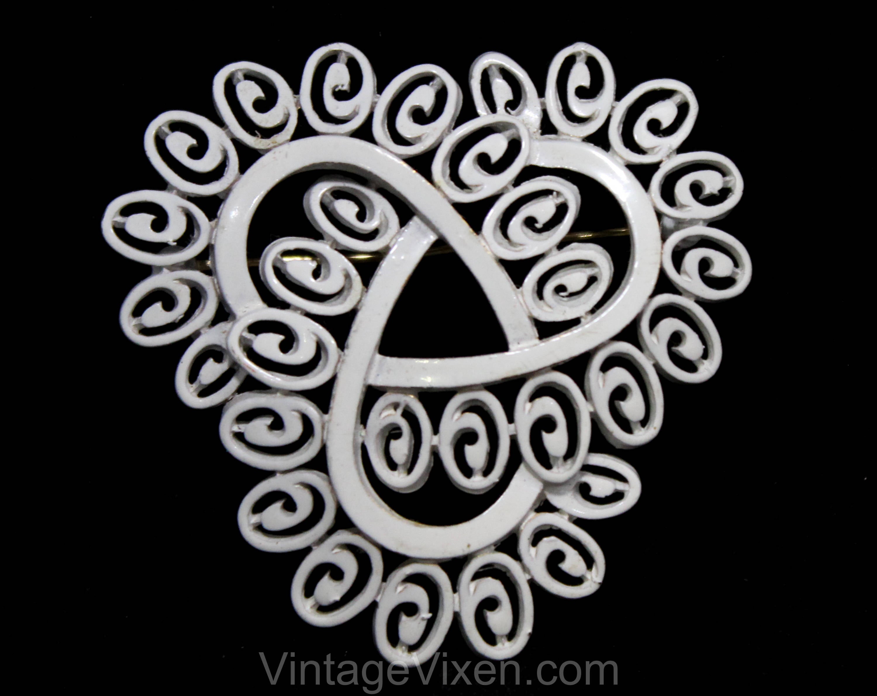 1960s Trifari Brooch - White Enamel Trifecta Curlique Abstract